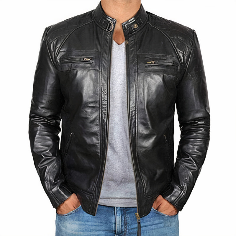 Men's Rugged Motorcycle Jacket with Zipper Pockets