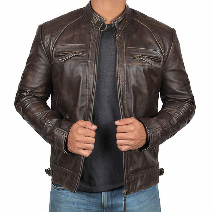 Men's Rugged Motorcycle Jacket with Zipper Pockets