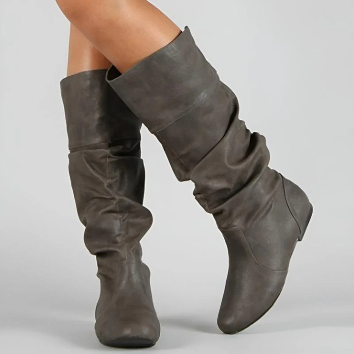 Mid-Calf Pull-On Leather Boots with Flat Sole.