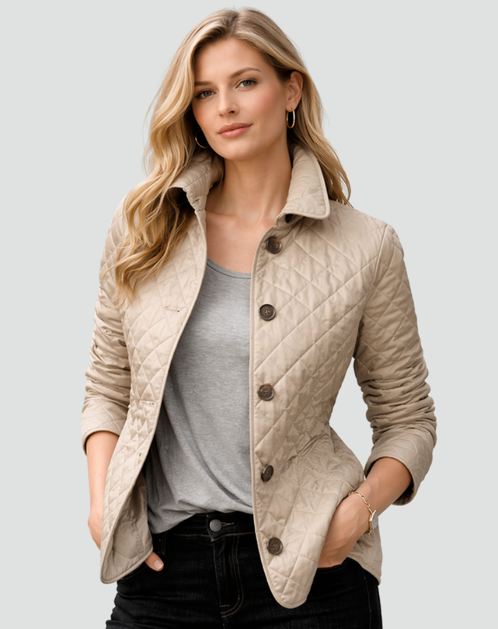 Quilted Puffer Jacket with Button Front and Diamond Stitching