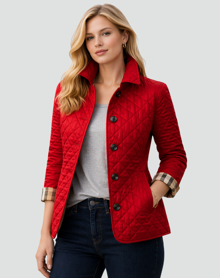 Quilted Puffer Jacket with Button Front and Diamond Stitching