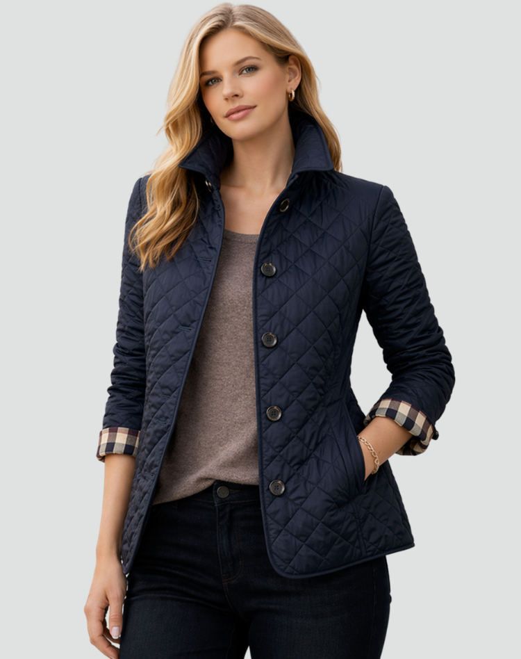 Quilted Puffer Jacket with Button Front and Diamond Stitching