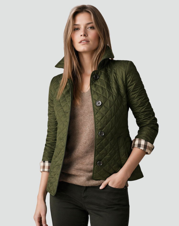 Quilted Puffer Jacket with Button Front and Diamond Stitching