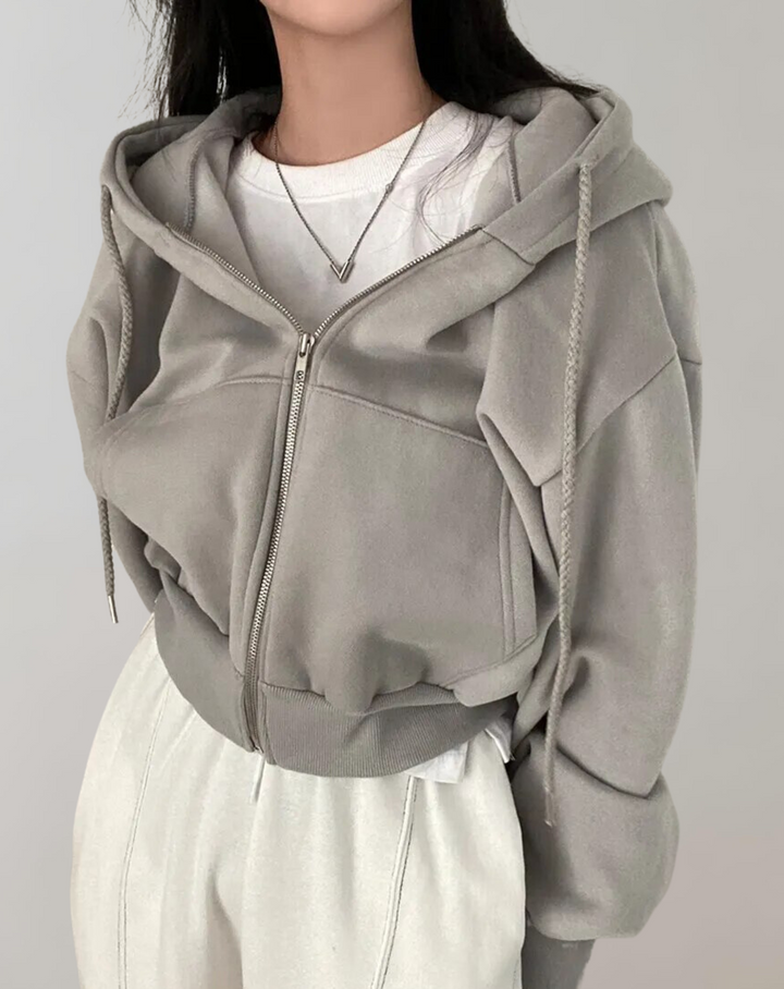 Women's Zip-Up Hoodie with Drawstring Hood and Ribbed Cuffs