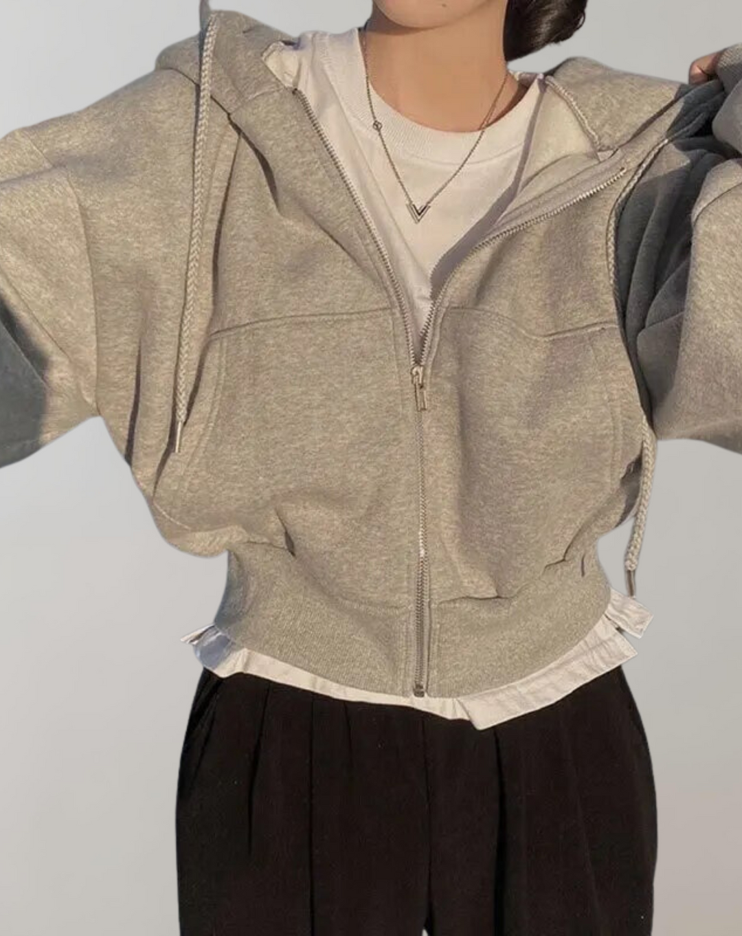 Women's Zip-Up Hoodie with Drawstring Hood and Ribbed Cuffs