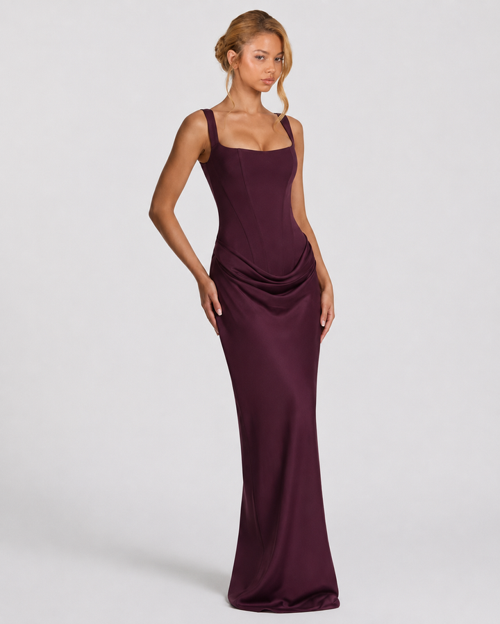Corset Maxi Dress with Draped Skirt and Lace-Up Back