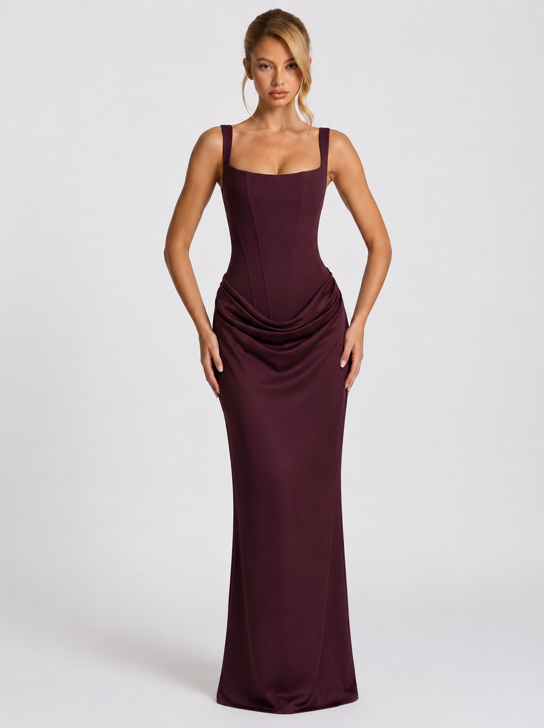 Corset Maxi Dress with Draped Skirt and Lace-Up Back