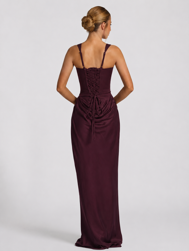 Corset Maxi Dress with Draped Skirt and Lace-Up Back