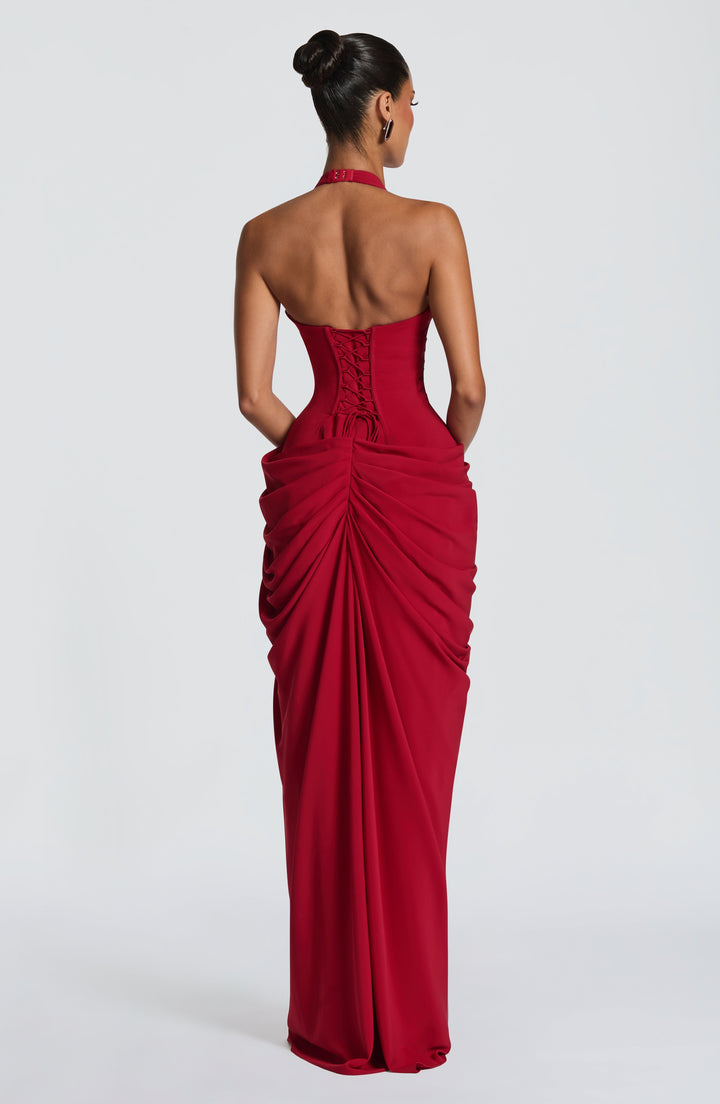 Linde Halterneck Maxi Dress with Corset Bodice and Chiffon Skirt