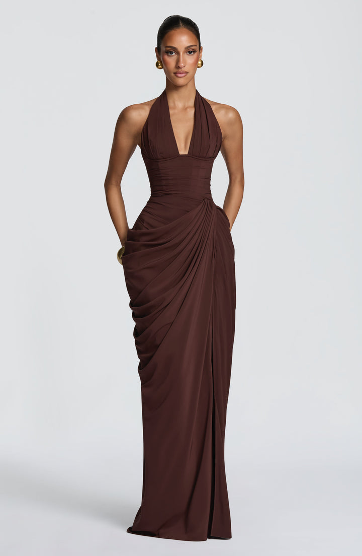 Linde Halterneck Maxi Dress with Corset Bodice and Chiffon Skirt