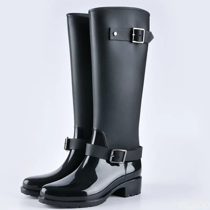 Tall Women's Waterproof Wellington Boots with Buckles & Block Heel – Elenya