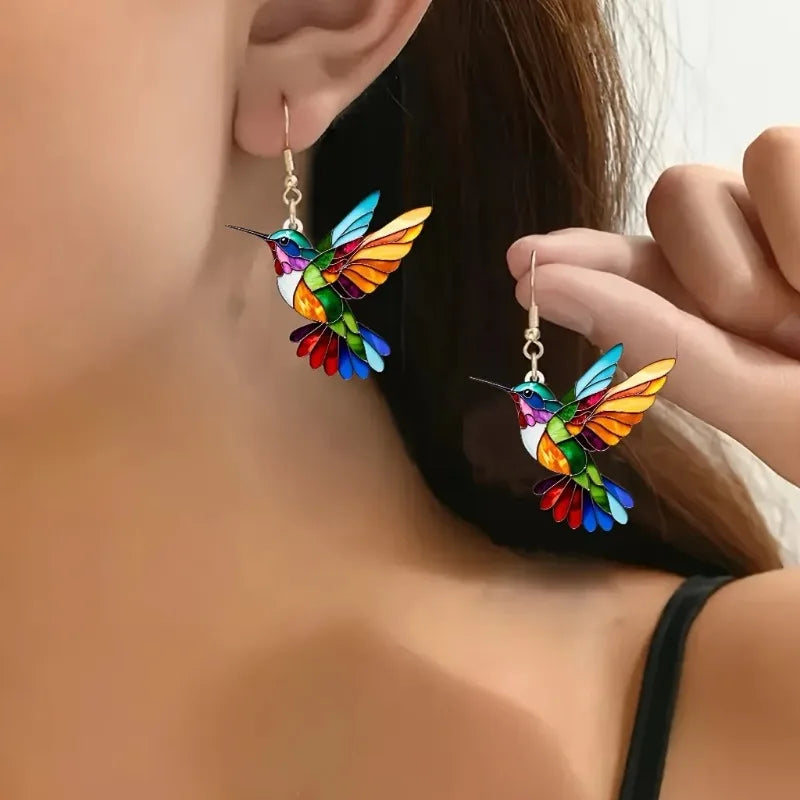 Acrylic Hummingbird Dangle Earrings – Clear 2D Bird Design