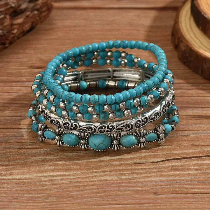 Set of 5 Bracelets with Turquoise Beads and Silver-Colored Details.