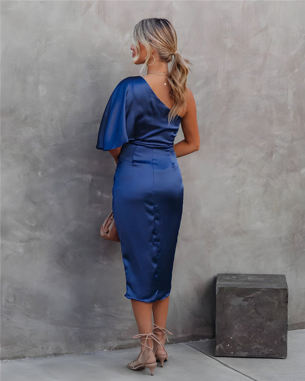 Satin Midi Dress with One-Shoulder Design and Elegant Ruffles