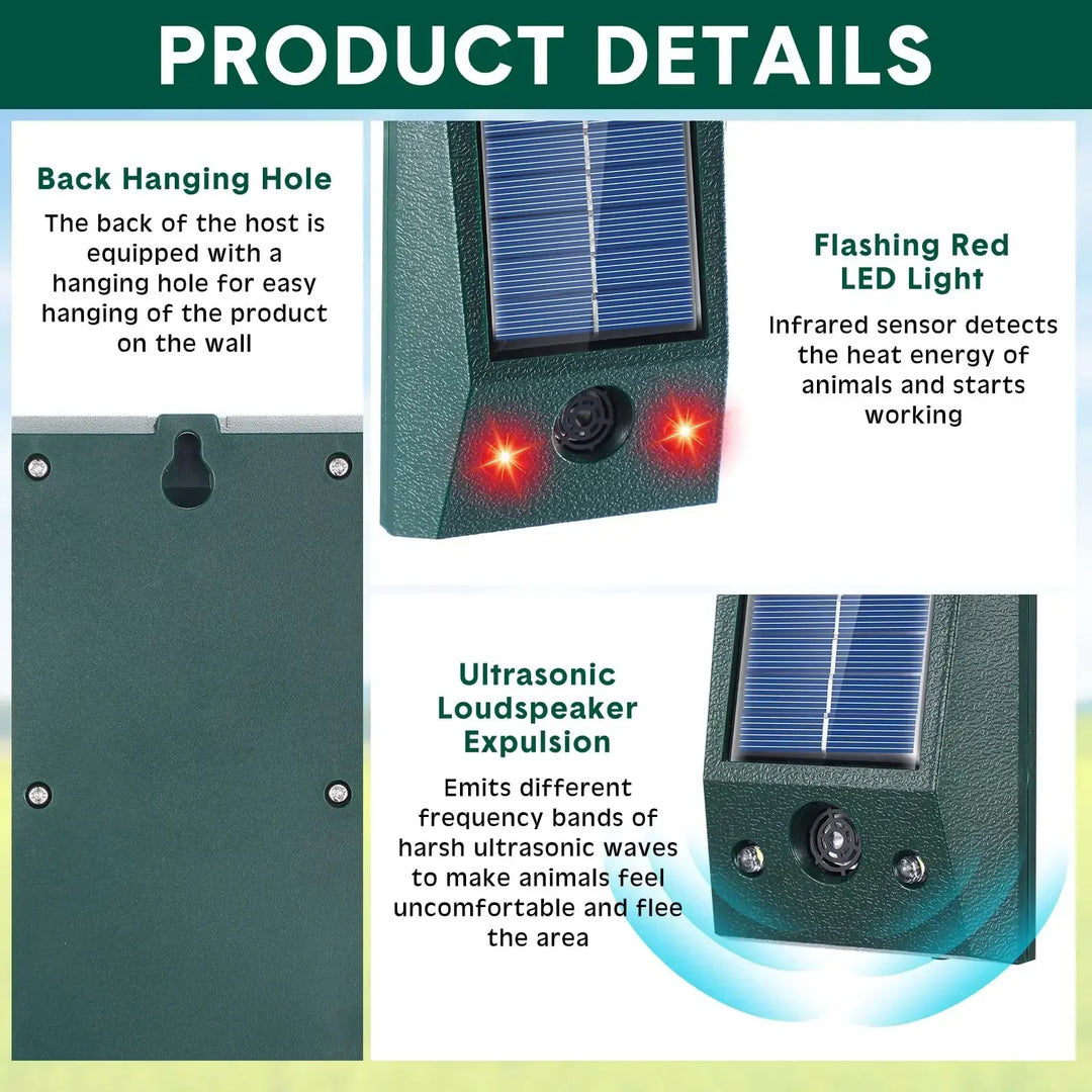 SolarGuardix Solar Ultrasonic Bird Repeller | With LED and Motion Sensor | IP58 Waterproof | 600 m² Coverage