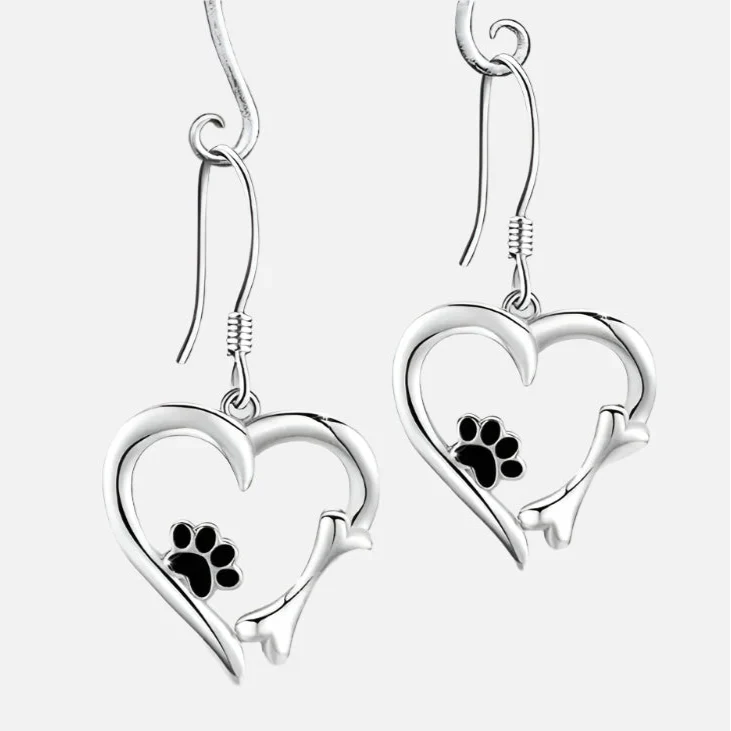 Silver Dangle Earrings with Heart & Paw Design