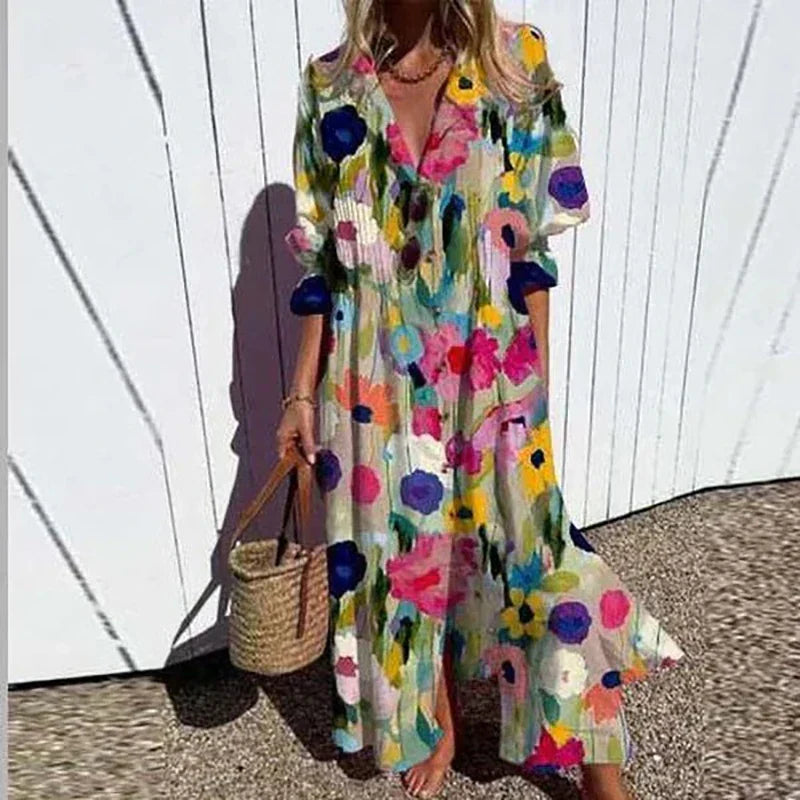 Floral Maxi Dress with V-Neck and Long Sleeves for Women