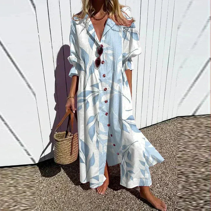 Floral Maxi Dress with V-Neck and Long Sleeves for Women