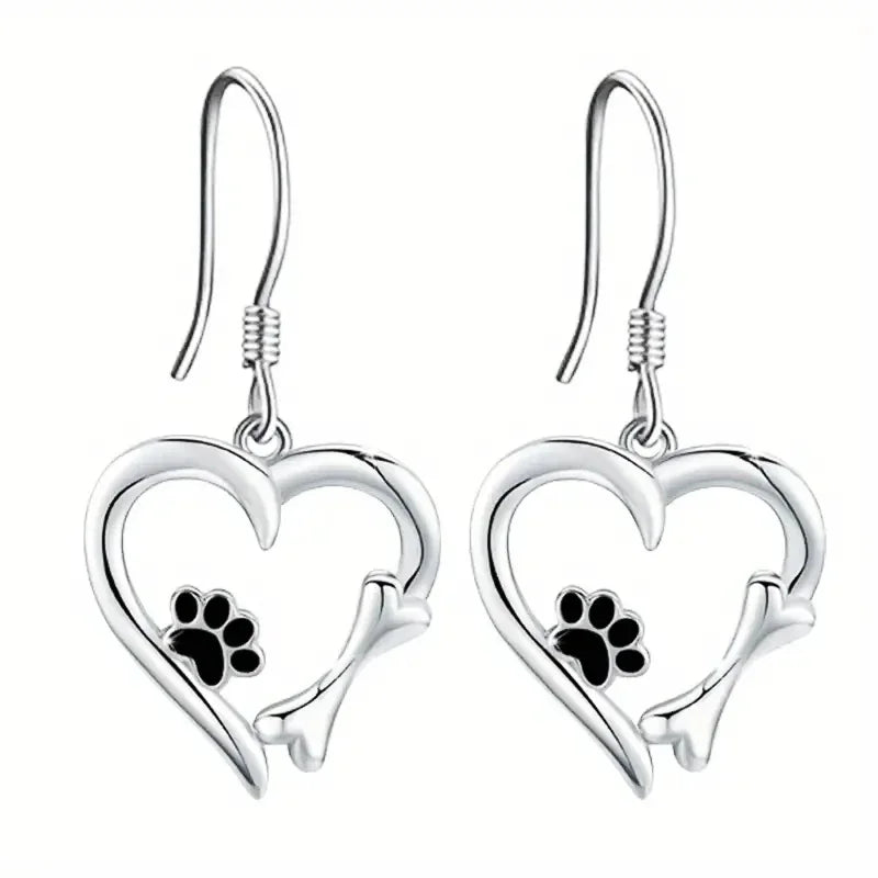 Silver Dangle Earrings with Heart & Paw Design