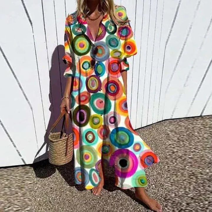 Floral Maxi Dress with V-Neck and Long Sleeves for Women