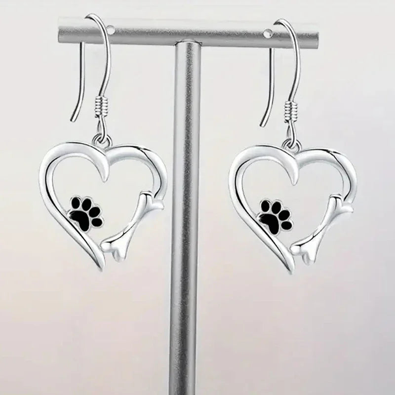 Silver Dangle Earrings with Heart & Paw Design
