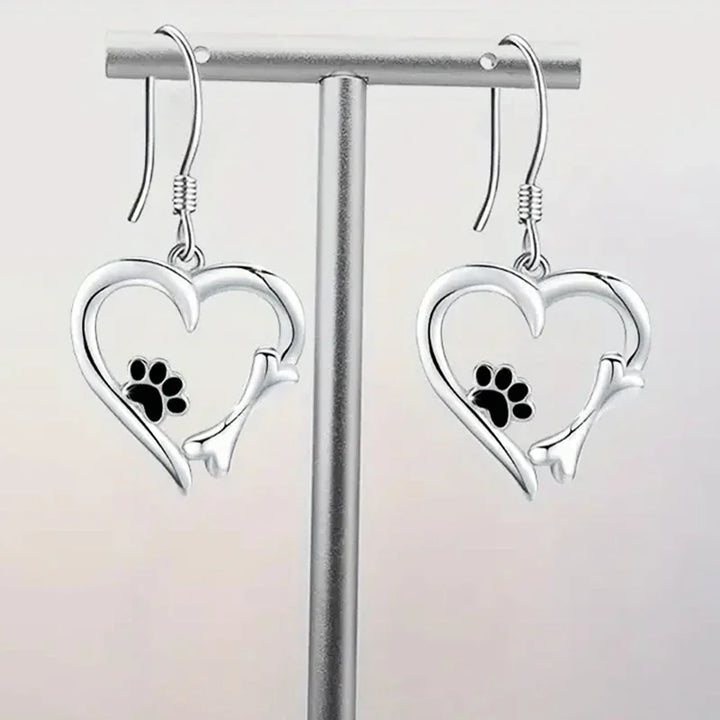 Silver Dangle Earrings with Heart & Paw Design