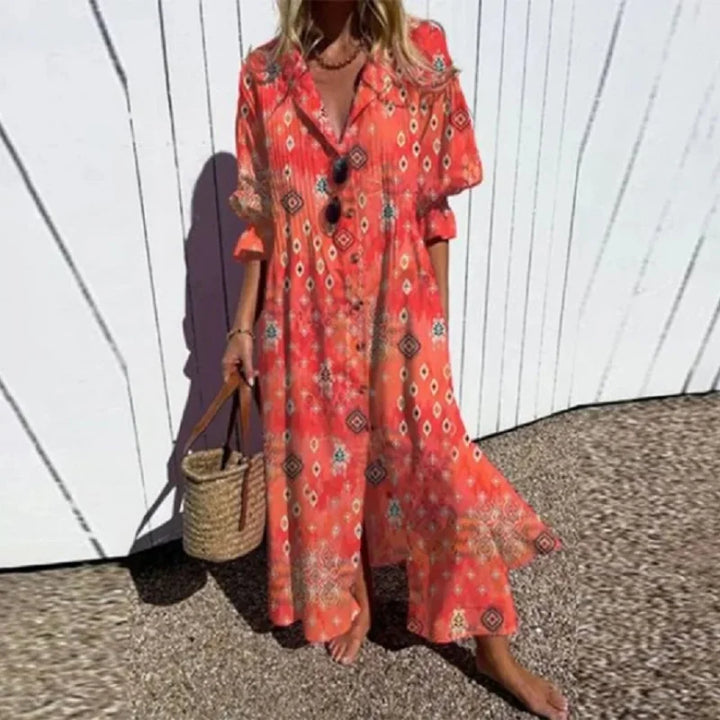Floral Maxi Dress with V-Neck and Long Sleeves for Women