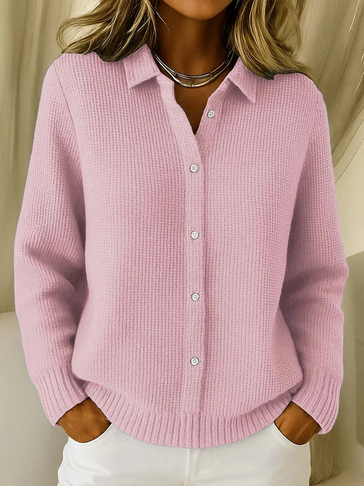 Women's Textured Knit Sweater with Collar and Button Placket