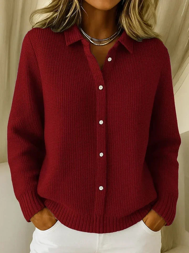Women's Textured Knit Sweater with Collar and Button Placket