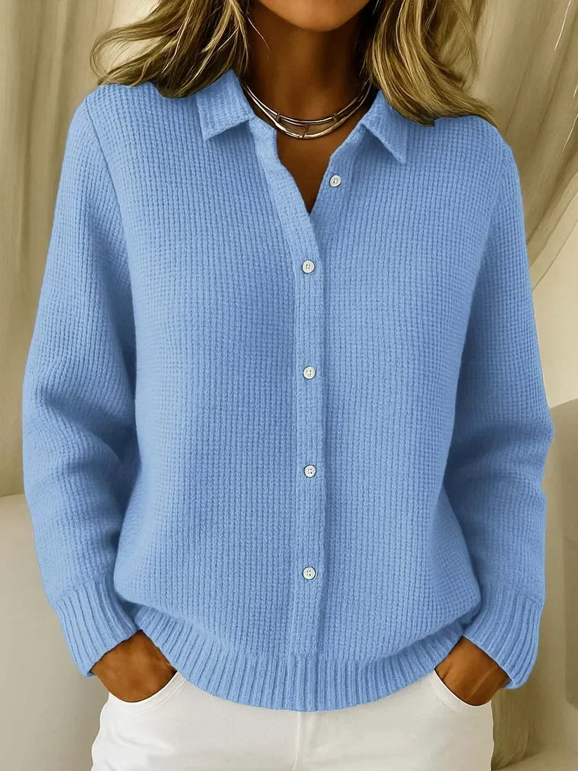 Women's Textured Knit Sweater with Collar and Button Placket