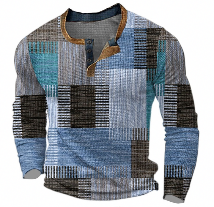 Men's Henley Sweatshirt with Button Placket and Geometric Pattern