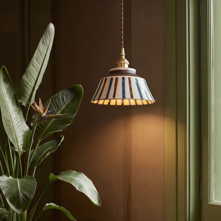 Vintage hand-painted ceramic pendant light with fabric cable