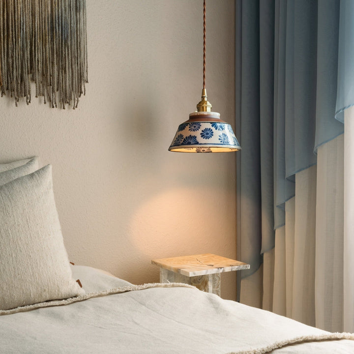 Vintage hand-painted ceramic pendant light with fabric cable