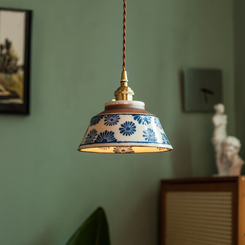 Vintage hand-painted ceramic pendant light with fabric cable