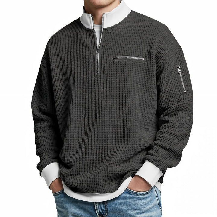 Men's waffle-knit sweater with 1/4 zip at the collar