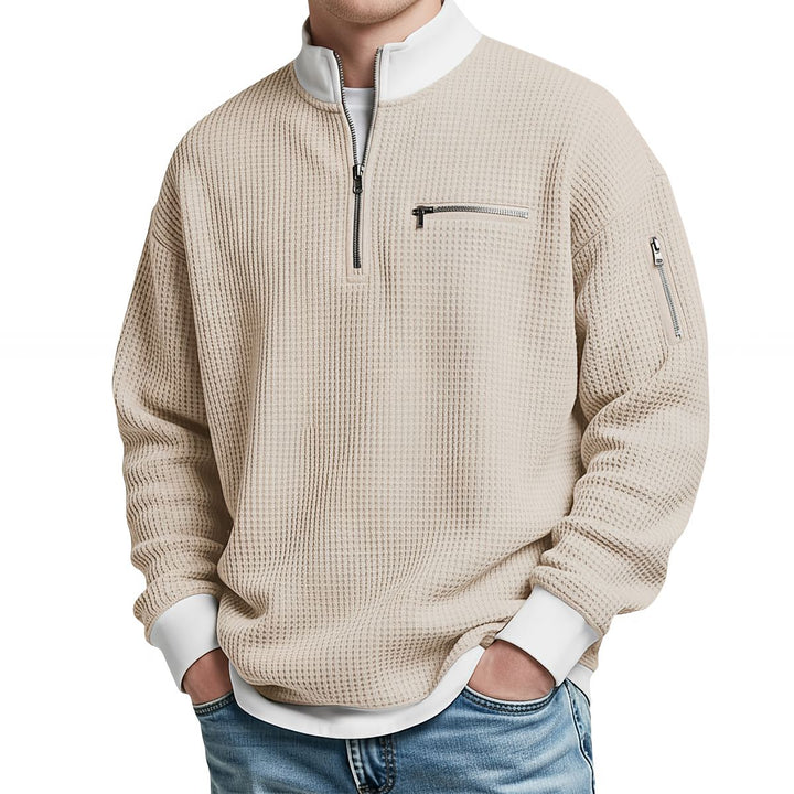 Men's waffle-knit sweater with 1/4 zip at the collar