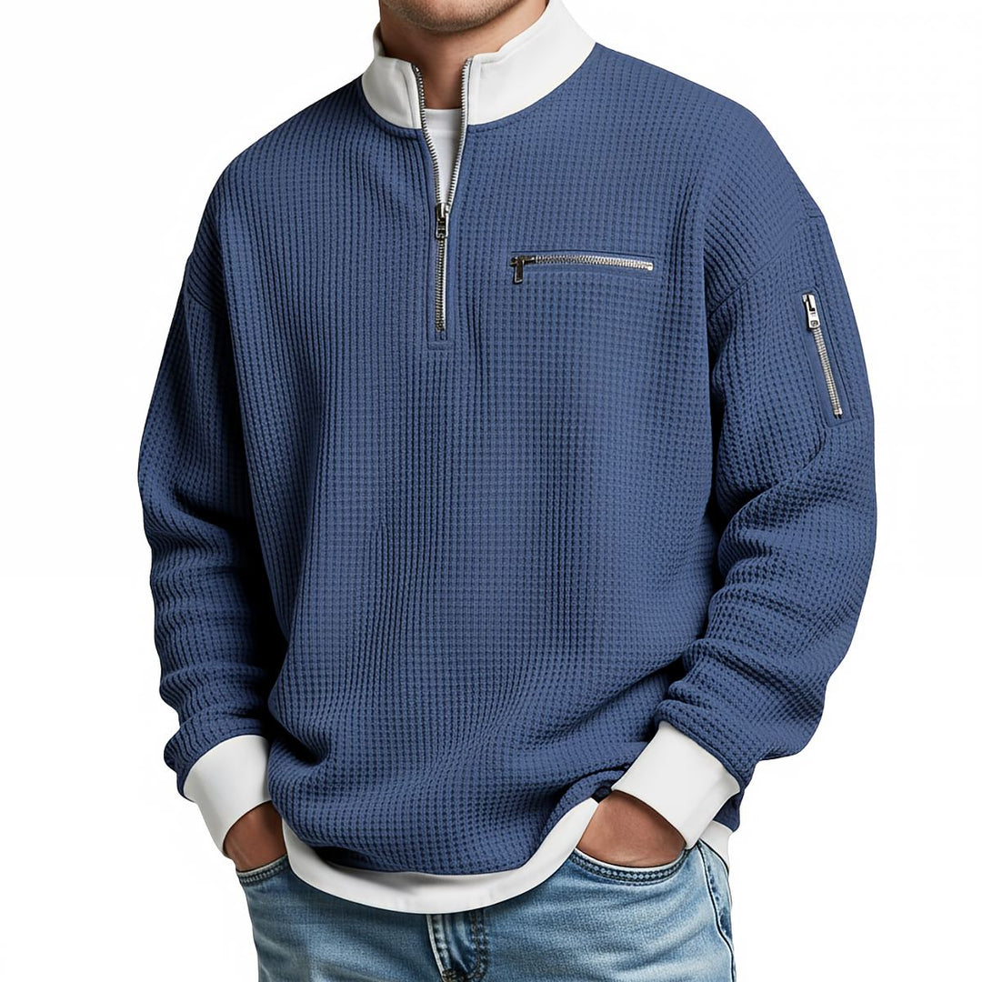 Men's waffle-knit sweater with 1/4 zip at the collar