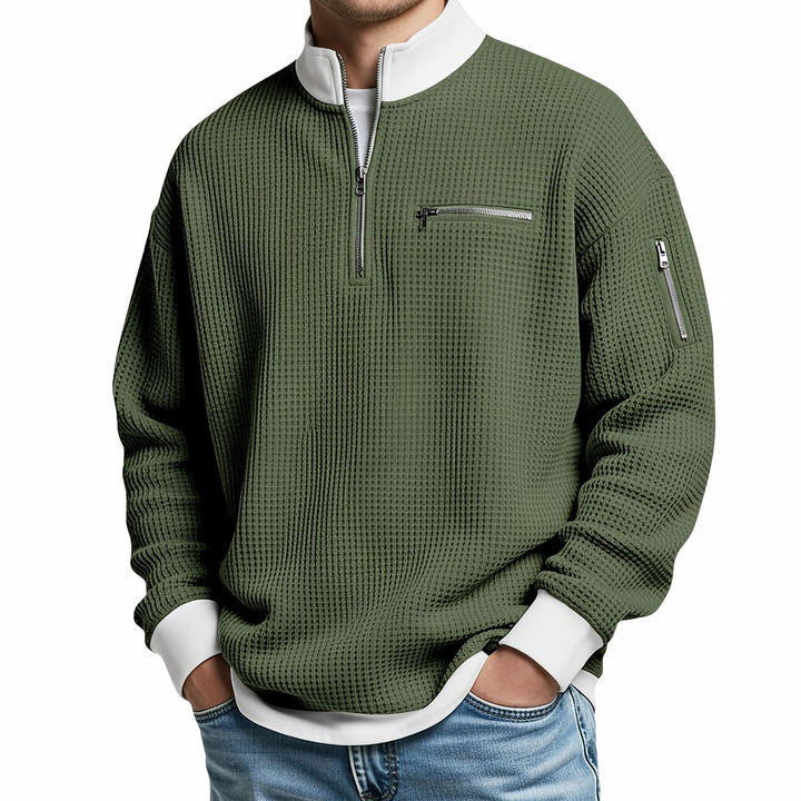 Men's waffle-knit sweater with 1/4 zip at the collar