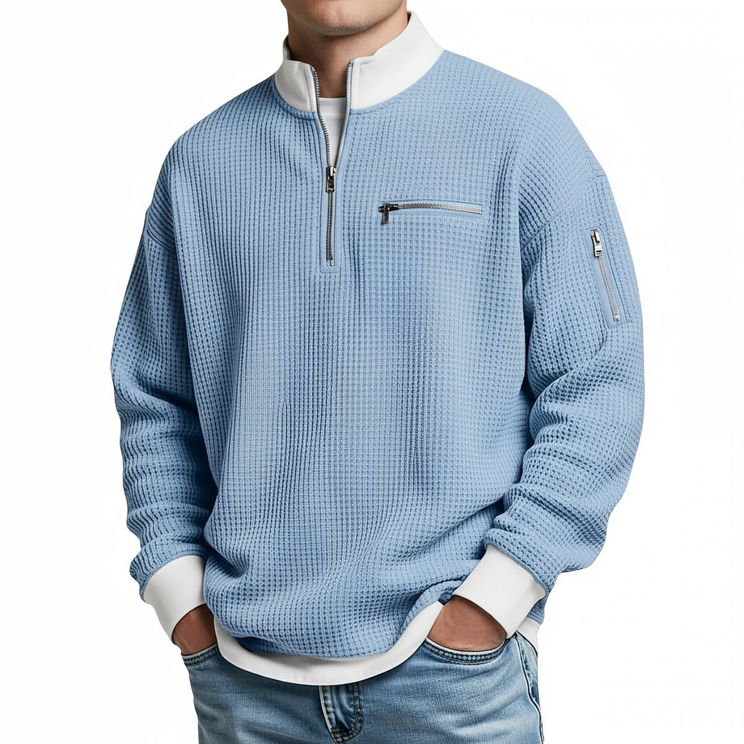 Men's waffle-knit sweater with 1/4 zip at the collar