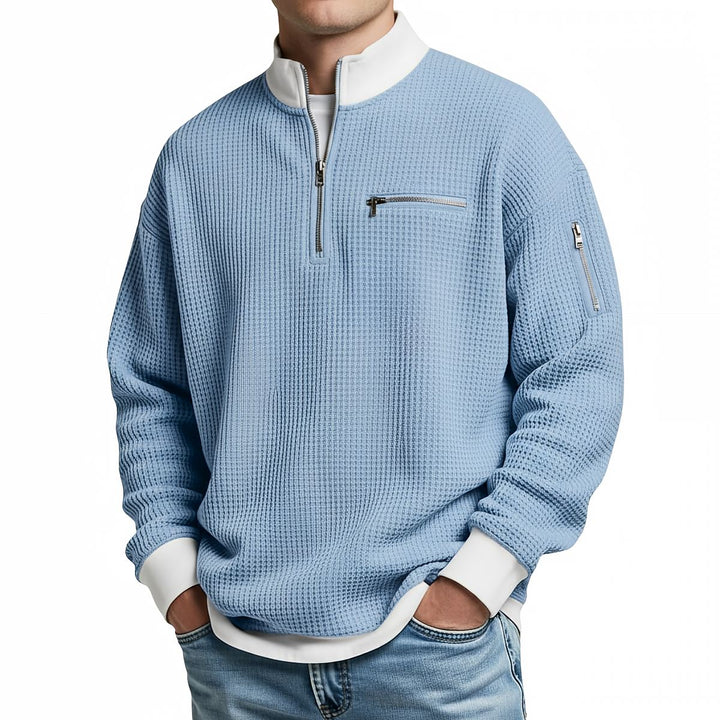 Men's waffle-knit sweater with 1/4 zip at the collar