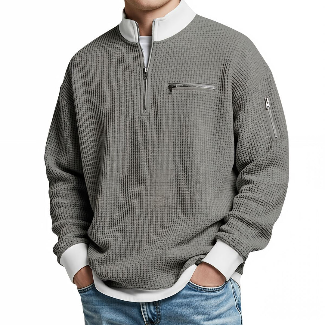 Men's waffle-knit sweater with 1/4 zip at the collar
