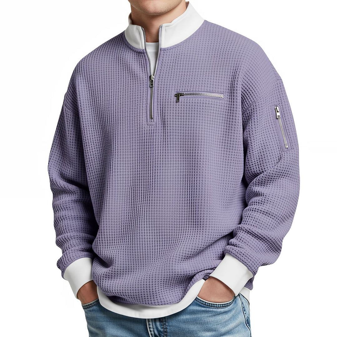 Men's waffle-knit sweater with 1/4 zip at the collar