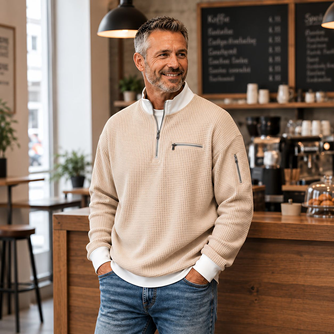 Men's waffle-knit sweater with 1/4 zip at the collar