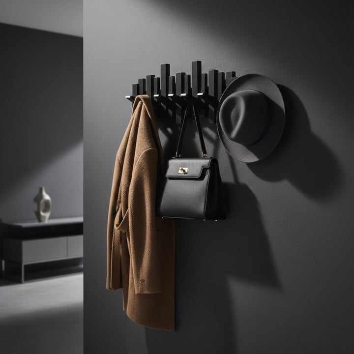 "Piano" wooden wall coat rack with folding hooks – hallway & bedroom