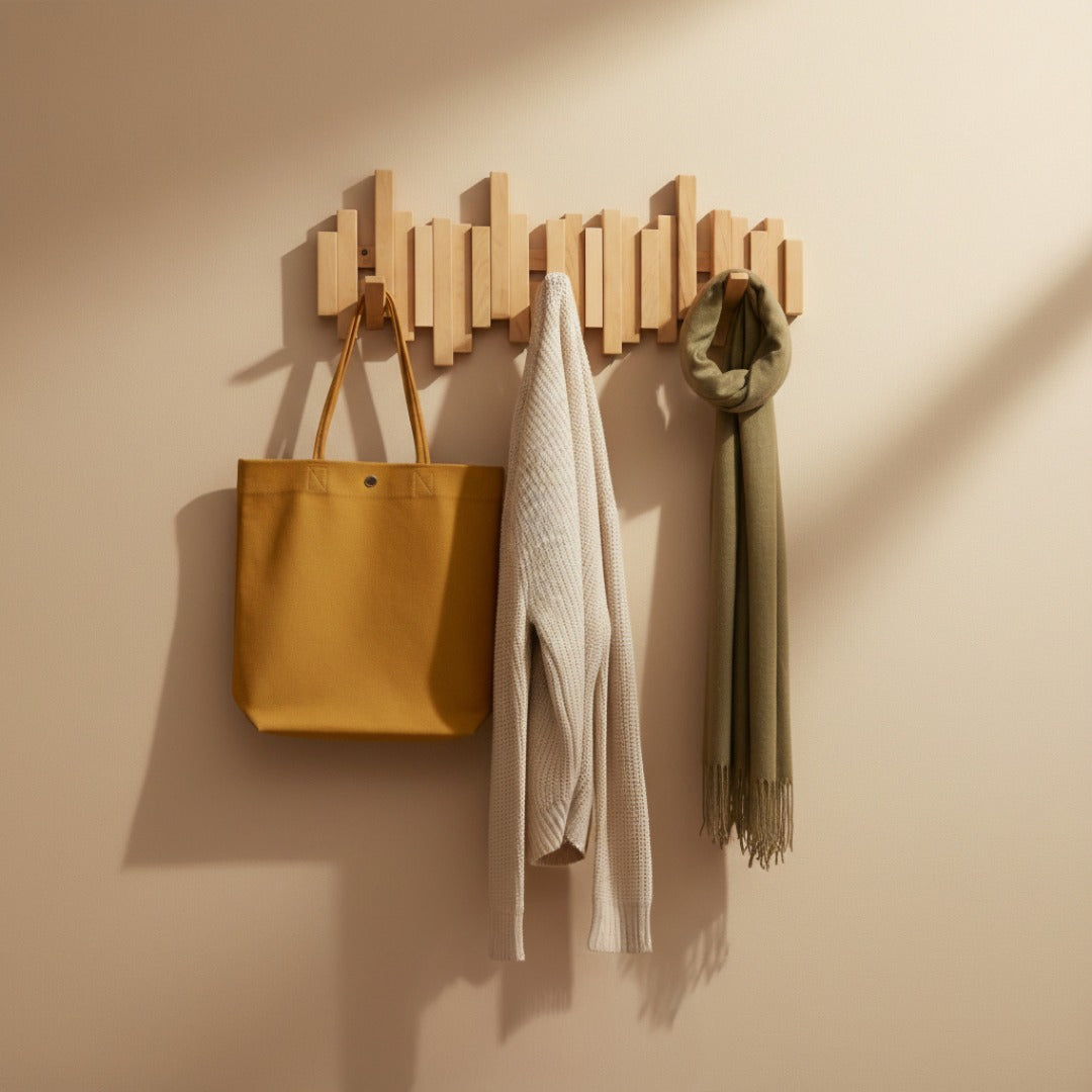 Wooden Piano Wall-Mounted Coat Rack with Folding Hooks - Hall and Bedroom