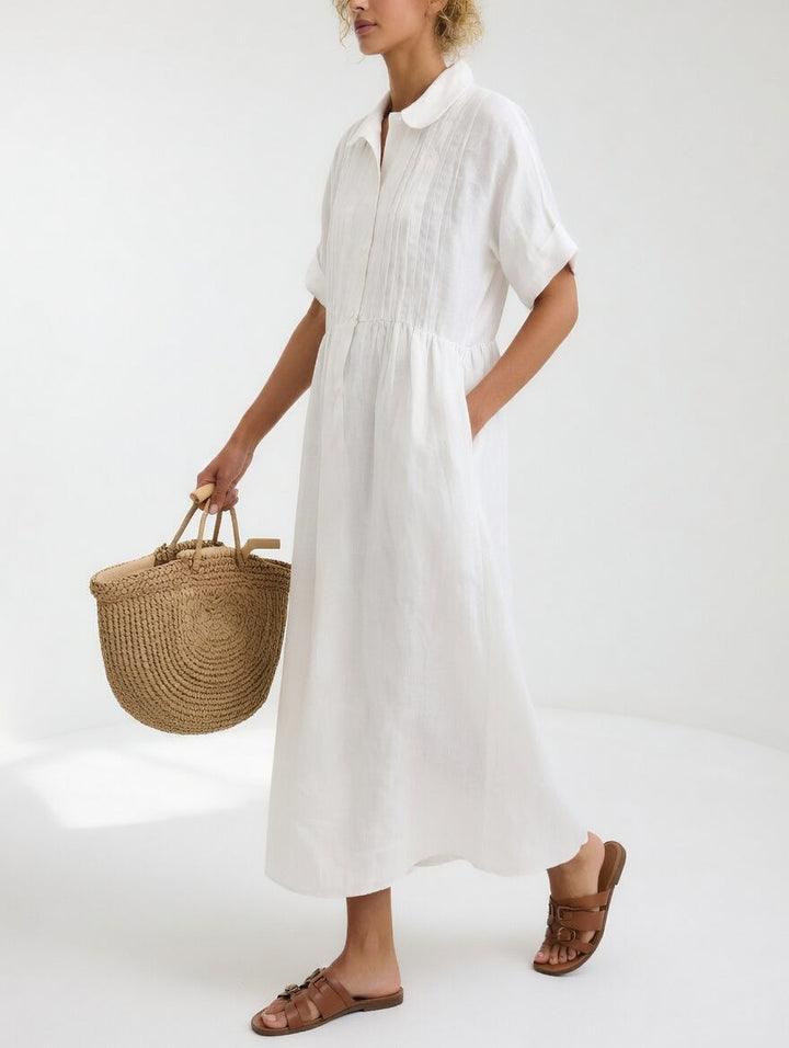 Casual Cotton Maxi Shirt Dress with Button Placket and Short Sleeves