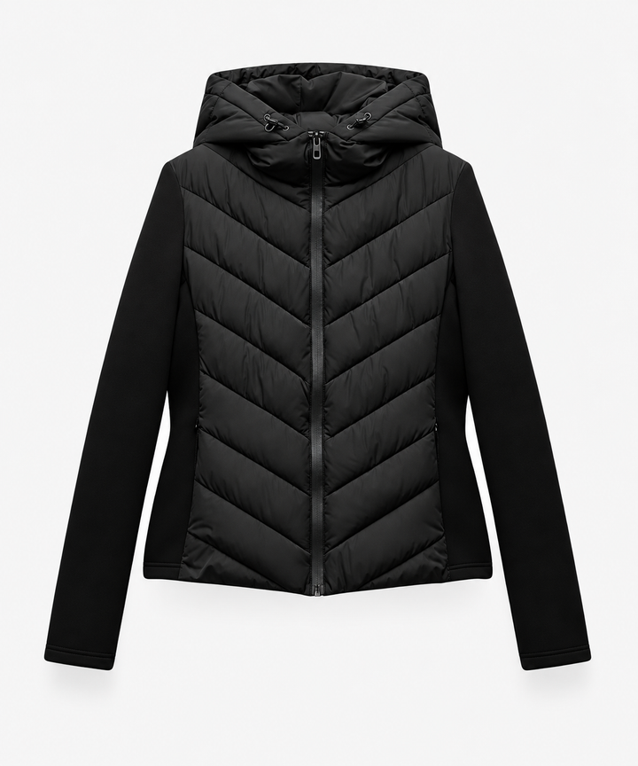 Women's puffer jacket with hood, chevron quilting and front zip