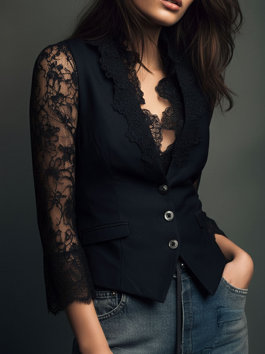 Women's Lace-Trim Blazer Blouse - Smart Evening Top