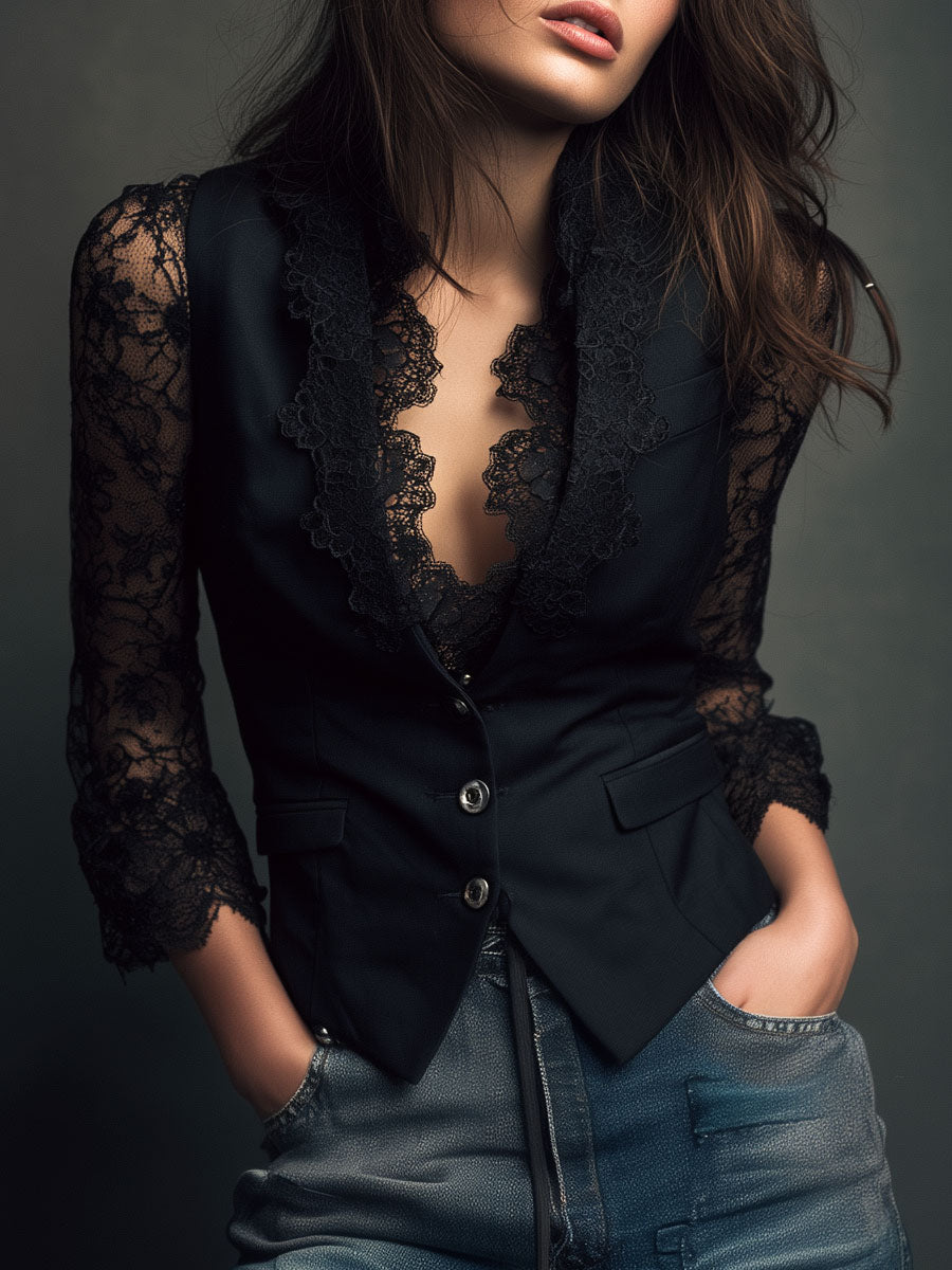 Women's Lace-Trim Blazer Blouse - Smart Evening Top