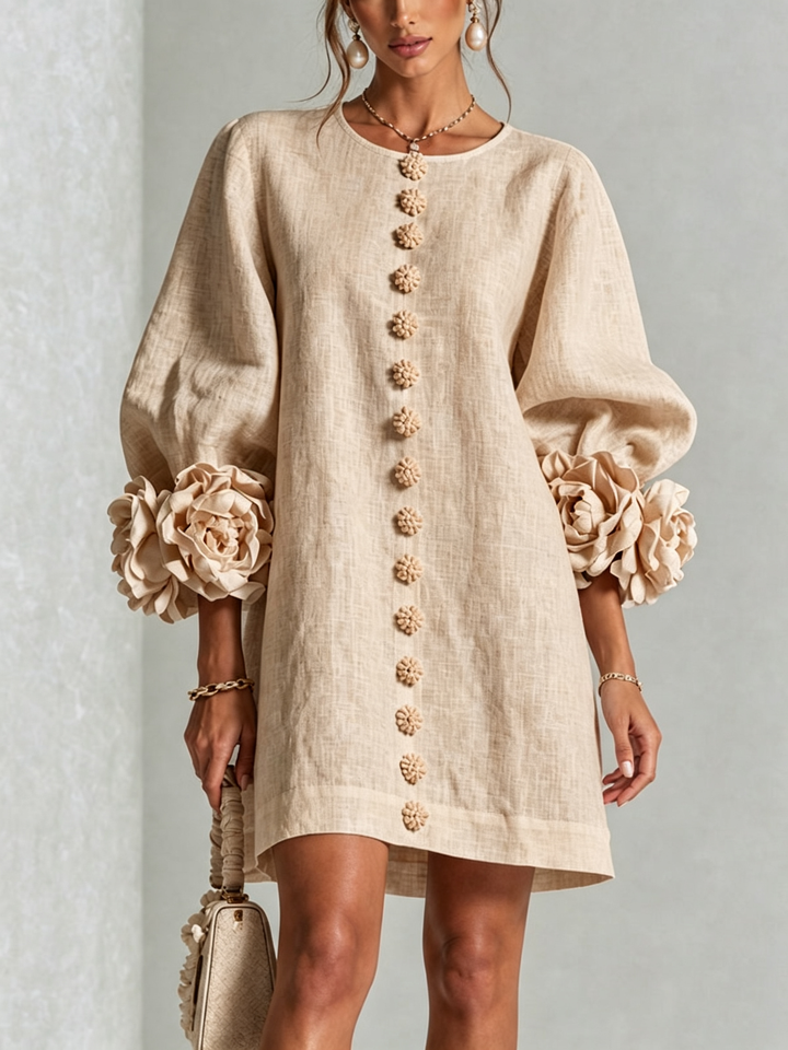 Elegant A-Line Dress with Voluminous Sleeves and Floral Buttons